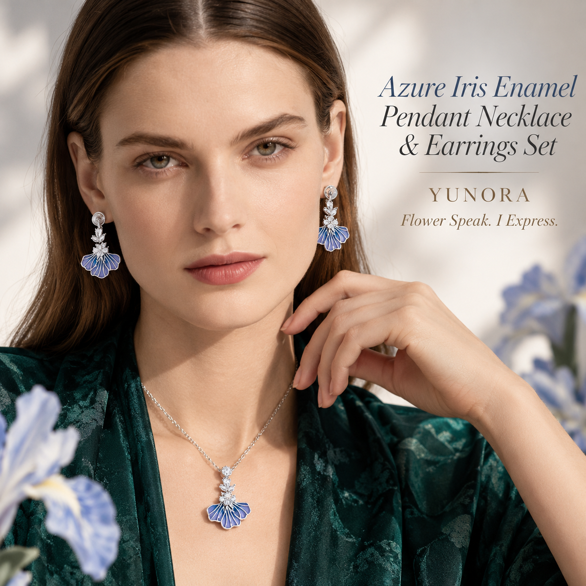 Azure Iris Enamel Pendant Necklace & Earrings Set