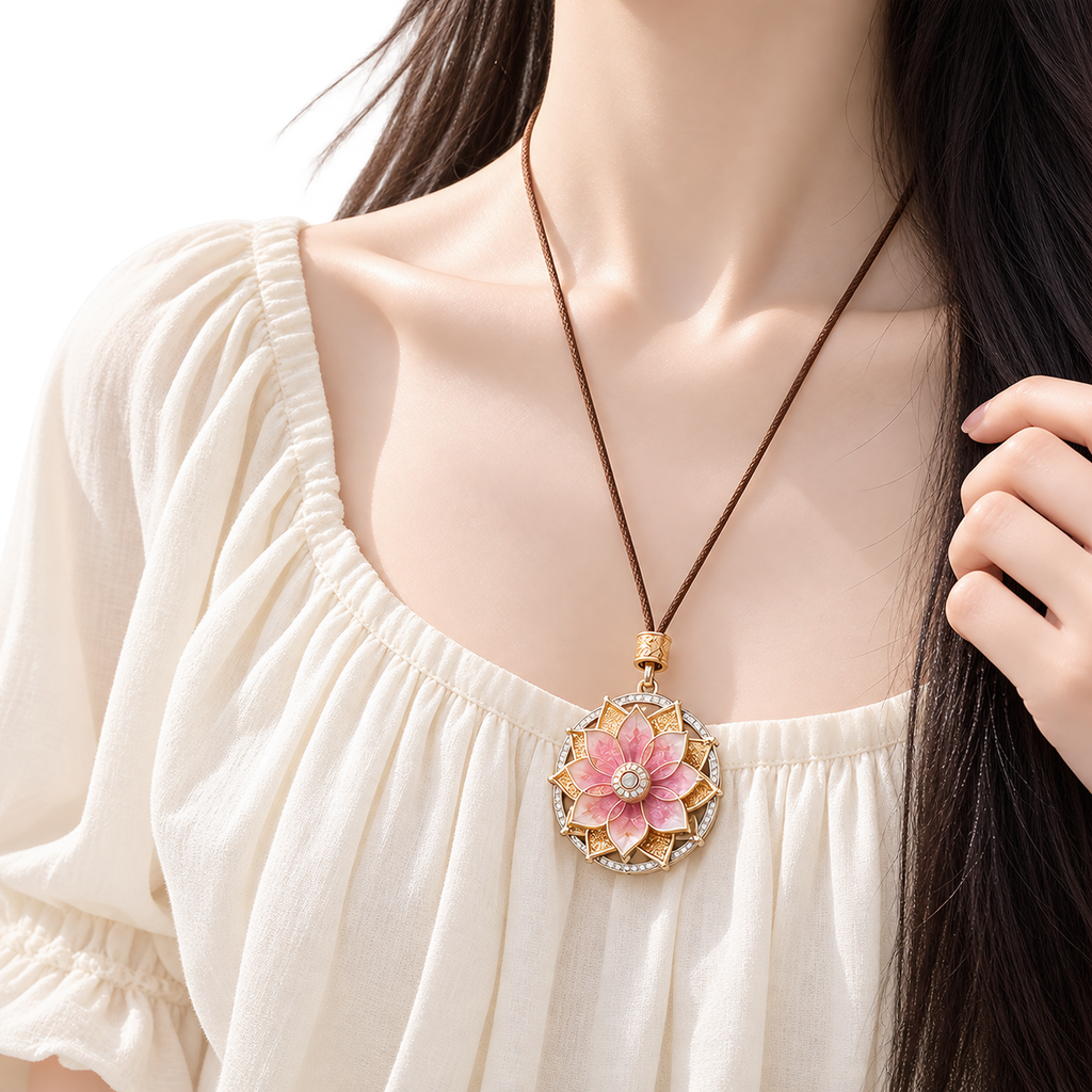 Pink Lotus Cloisonné Pendant Necklace