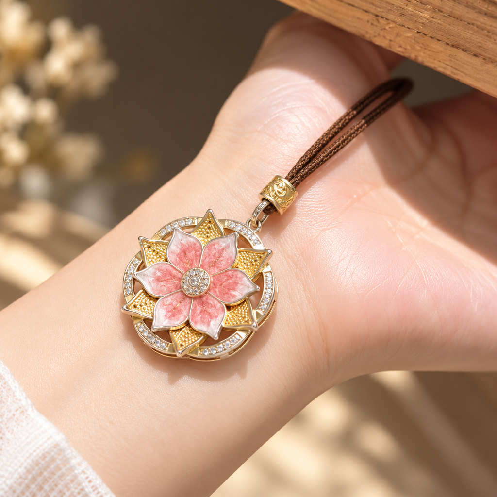 Pink Lotus Cloisonné Pendant Necklace