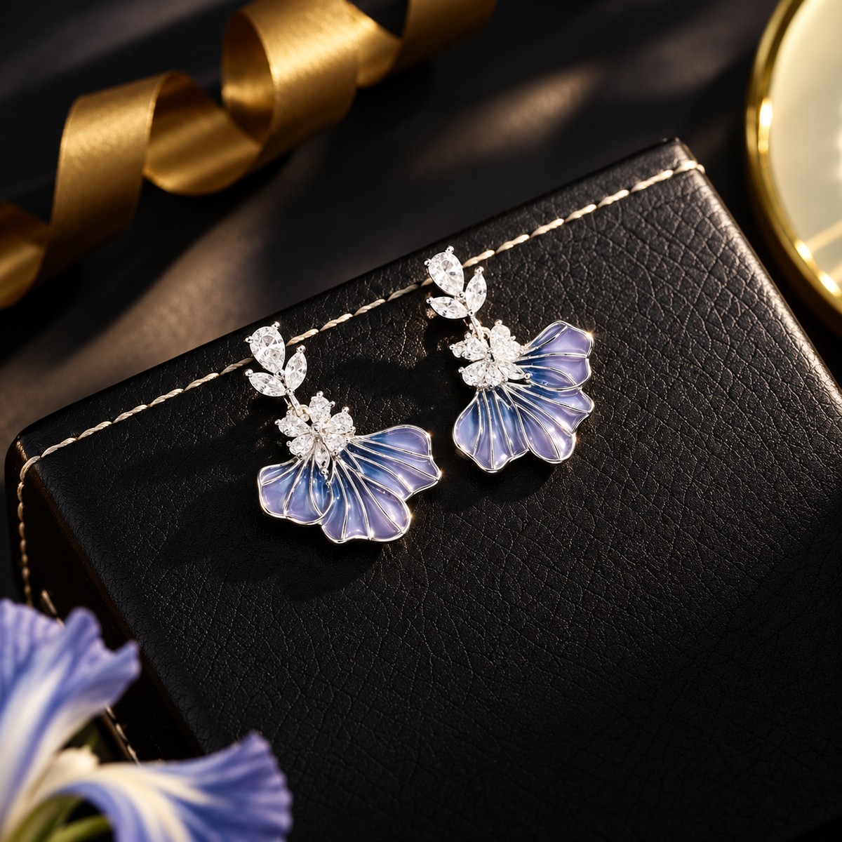 Azure Iris Enamel Pendant Necklace & Earrings Set