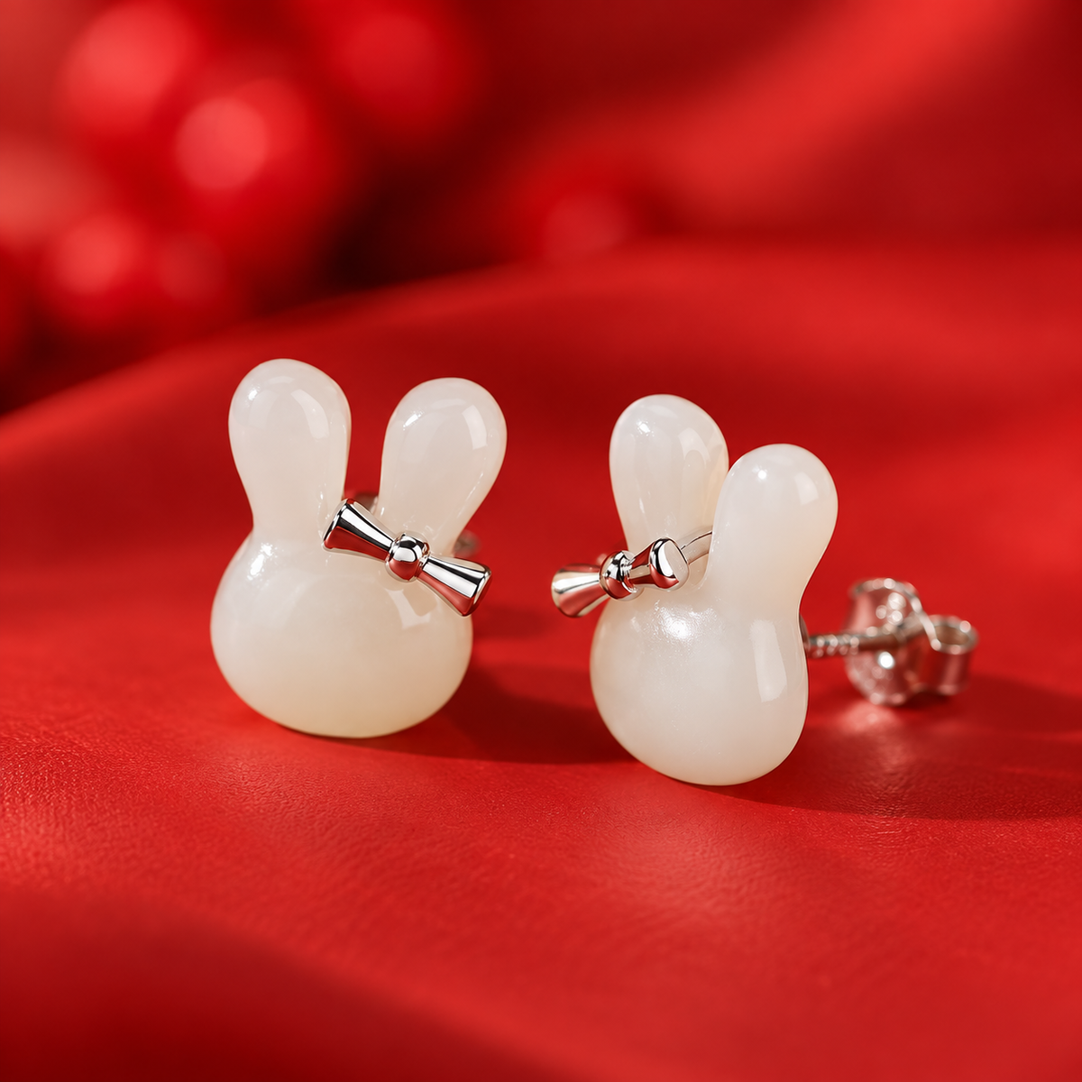 Hetian Jade Bunny Bow Sterling Silver Stud Earrings