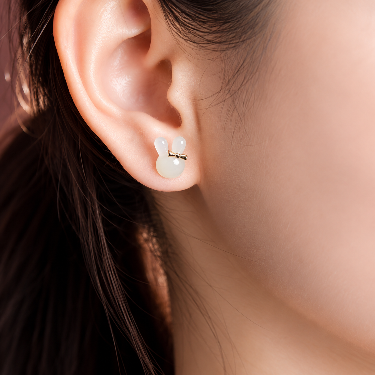Hetian Jade Bunny Bow Sterling Silver Stud Earrings