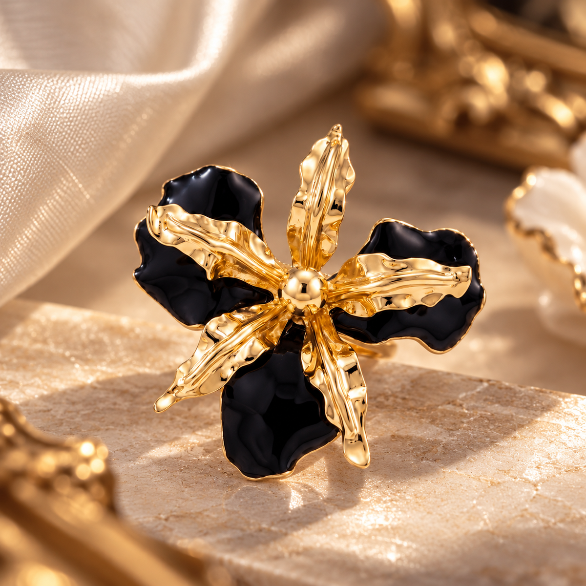 Golden Bloom Enamel Flower Ring