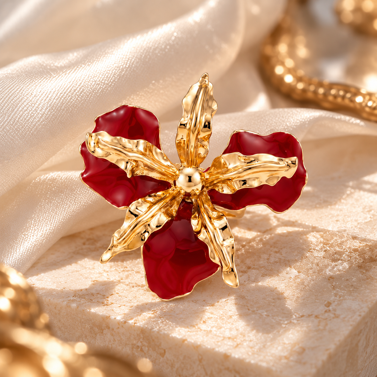 Golden Bloom Enamel Flower Ring
