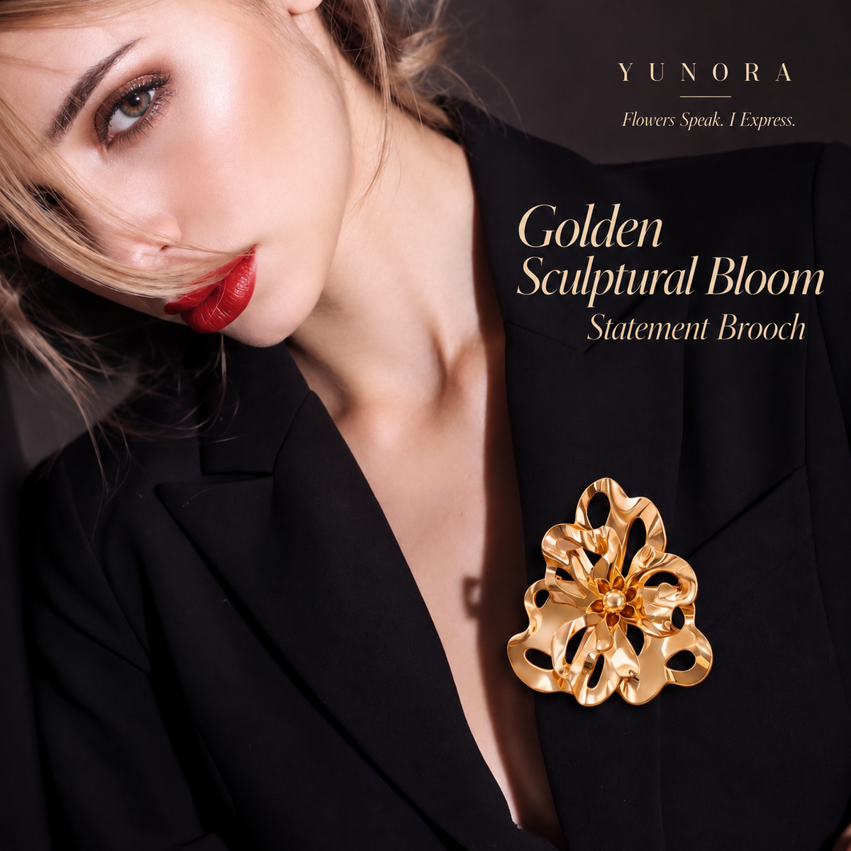 Golden Sculptural Bloom Statement Brooch