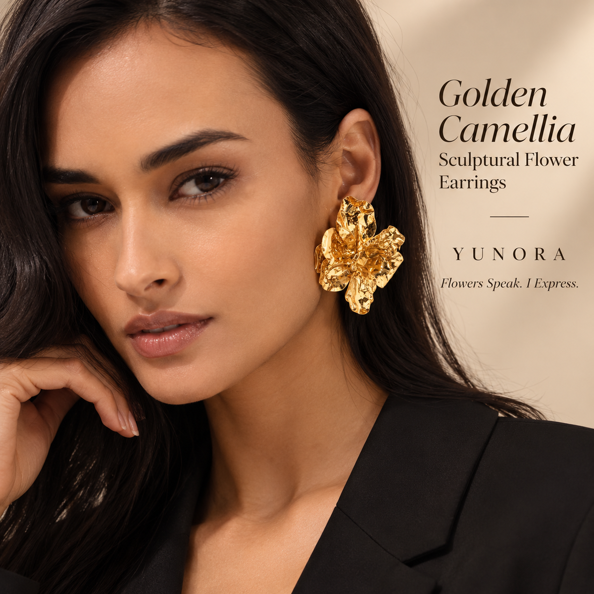 Golden Camellia Sculptural Flower Earrings