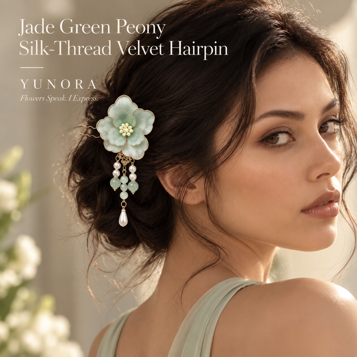 Jade Green Peony Silk-Thread Velvet Hairpin