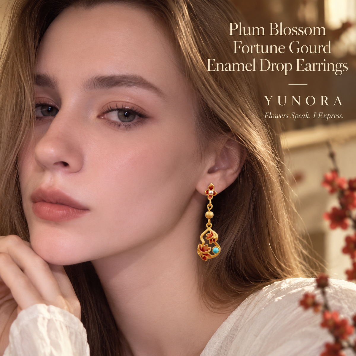 Plum Blossom Fortune Gourd Enamel Drop Earrings