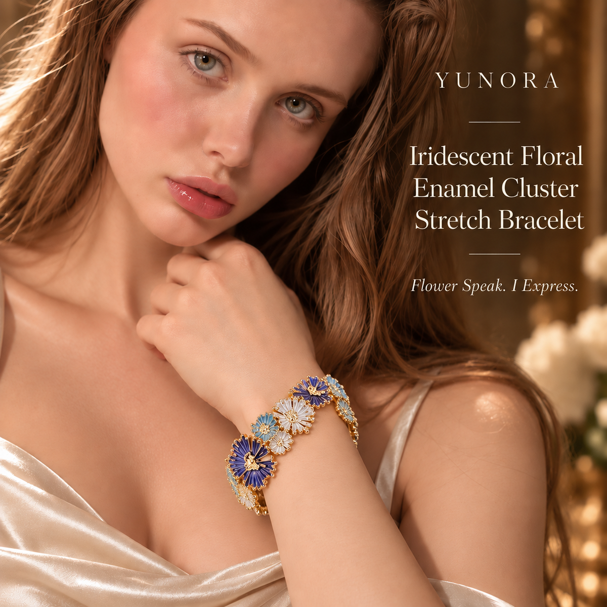 Iridescent Floral Enamel Cluster Stretch Bracelet