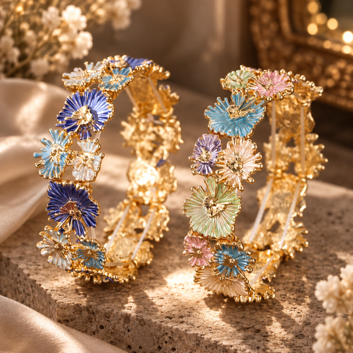 Iridescent Floral Enamel Cluster Stretch Bracelet