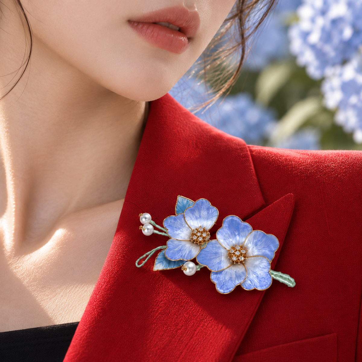 Blue Hydrangea Silk-Thread Velvet Flower Brooch