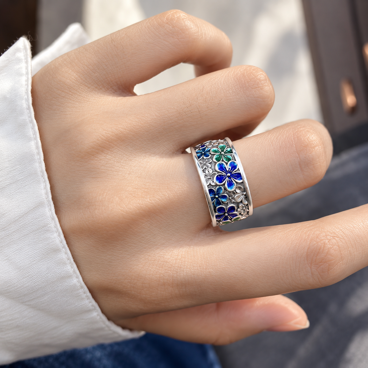 Floral Enamel Handmade Silver Ring