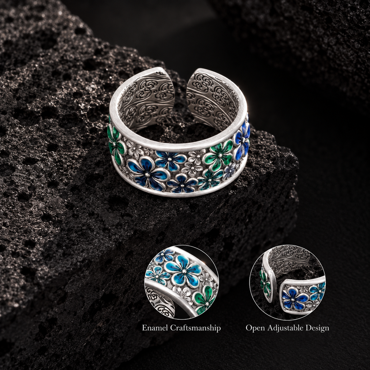 Floral Enamel Handmade Silver Ring
