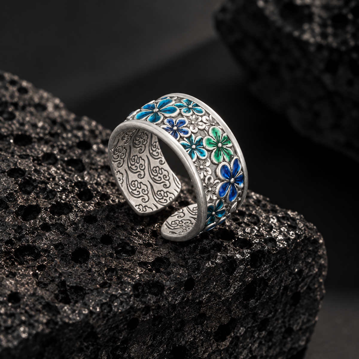 Floral Enamel Handmade Silver Ring