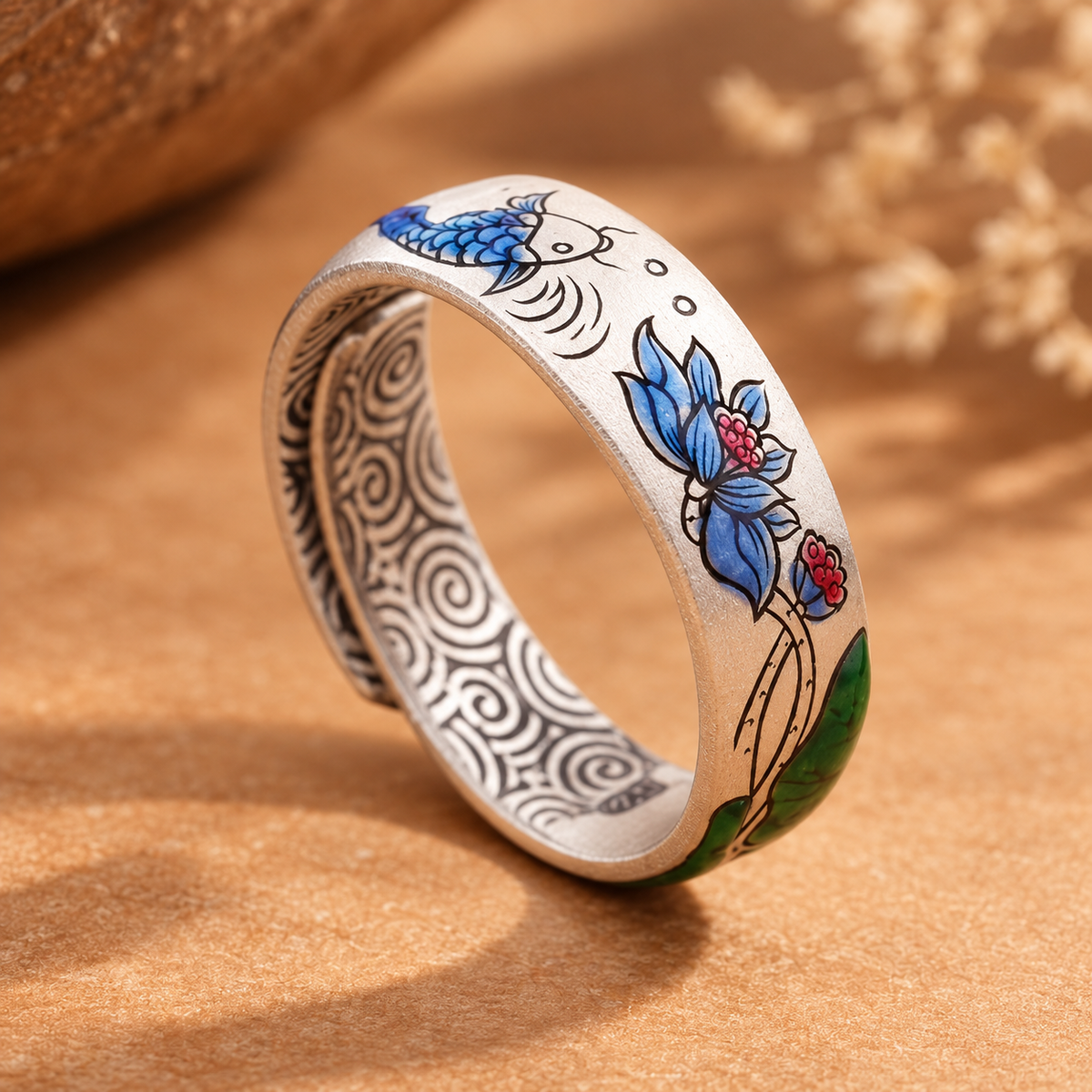 Lotus & Koi Enamel Handmade Silver Ring