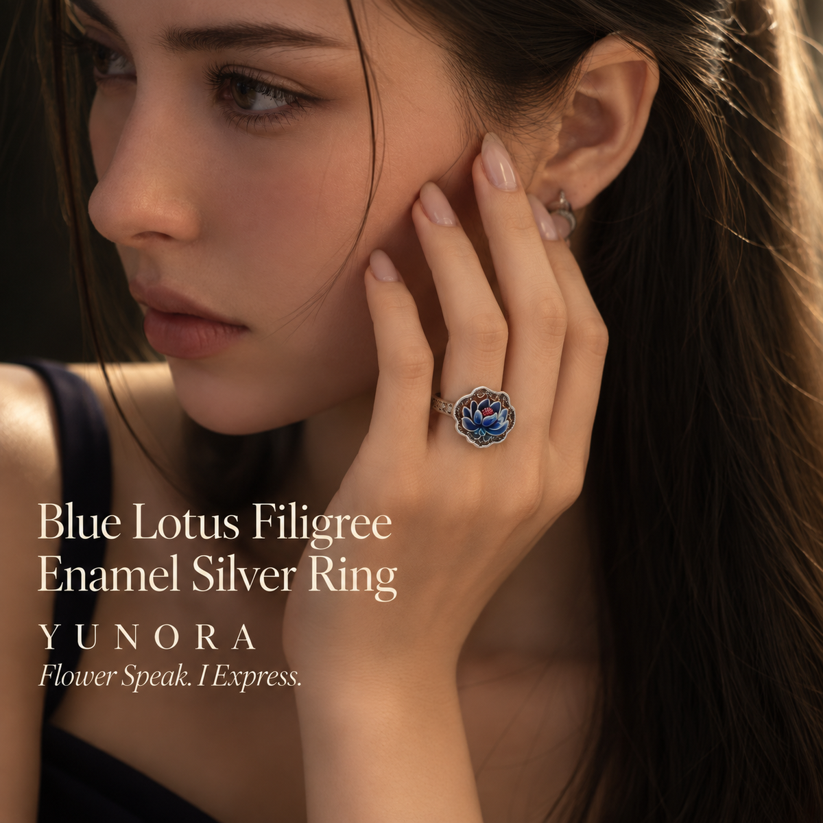 Blue Lotus Filigree Enamel Silver Ring