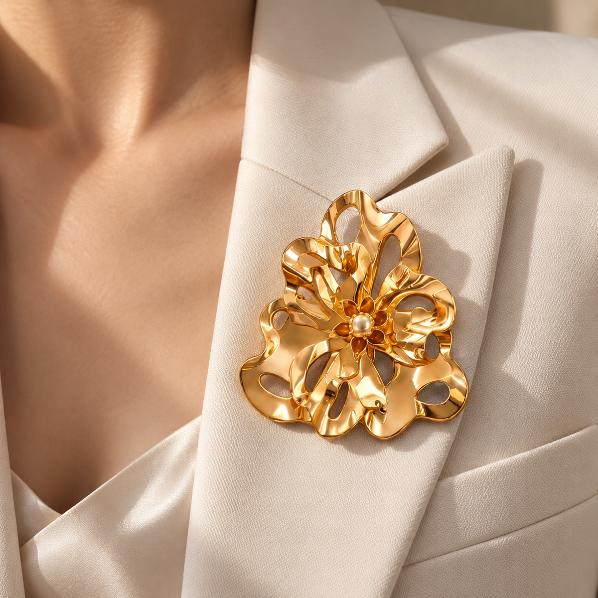 Golden Sculptural Bloom Statement Brooch