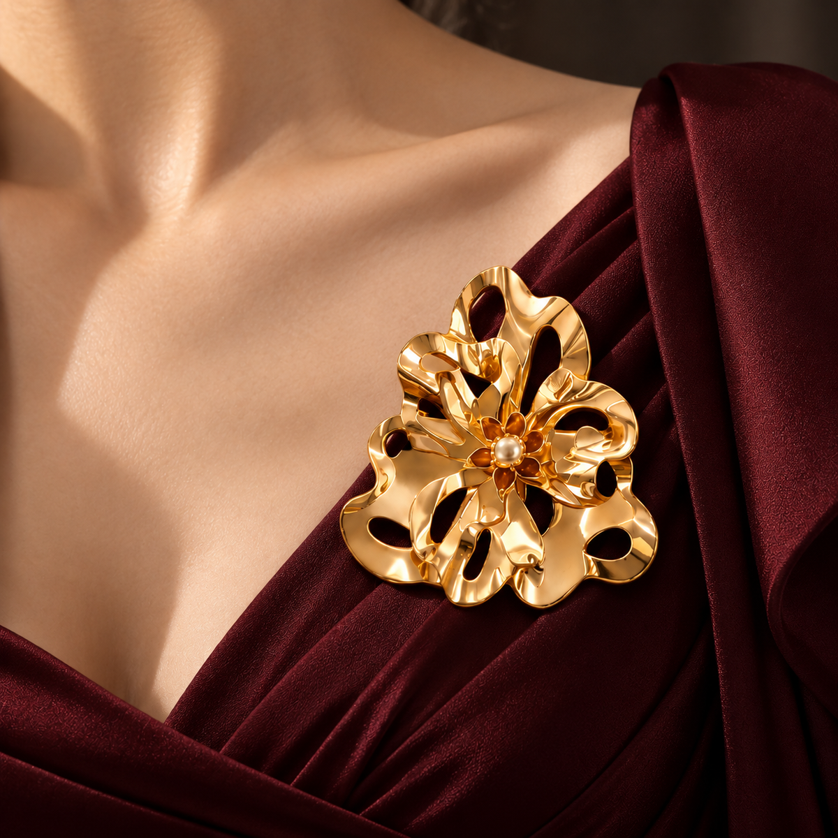 Golden Sculptural Bloom Statement Brooch