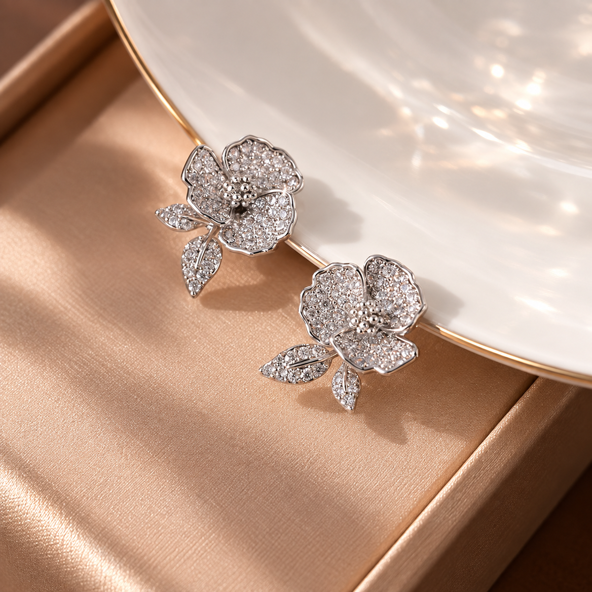 Crystal Camellia Zircon Clip-On Earrings