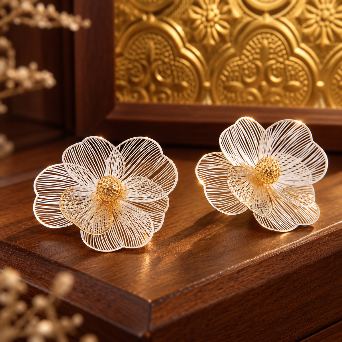 Vintage Camellia Pearl Tassel Stud Earrings