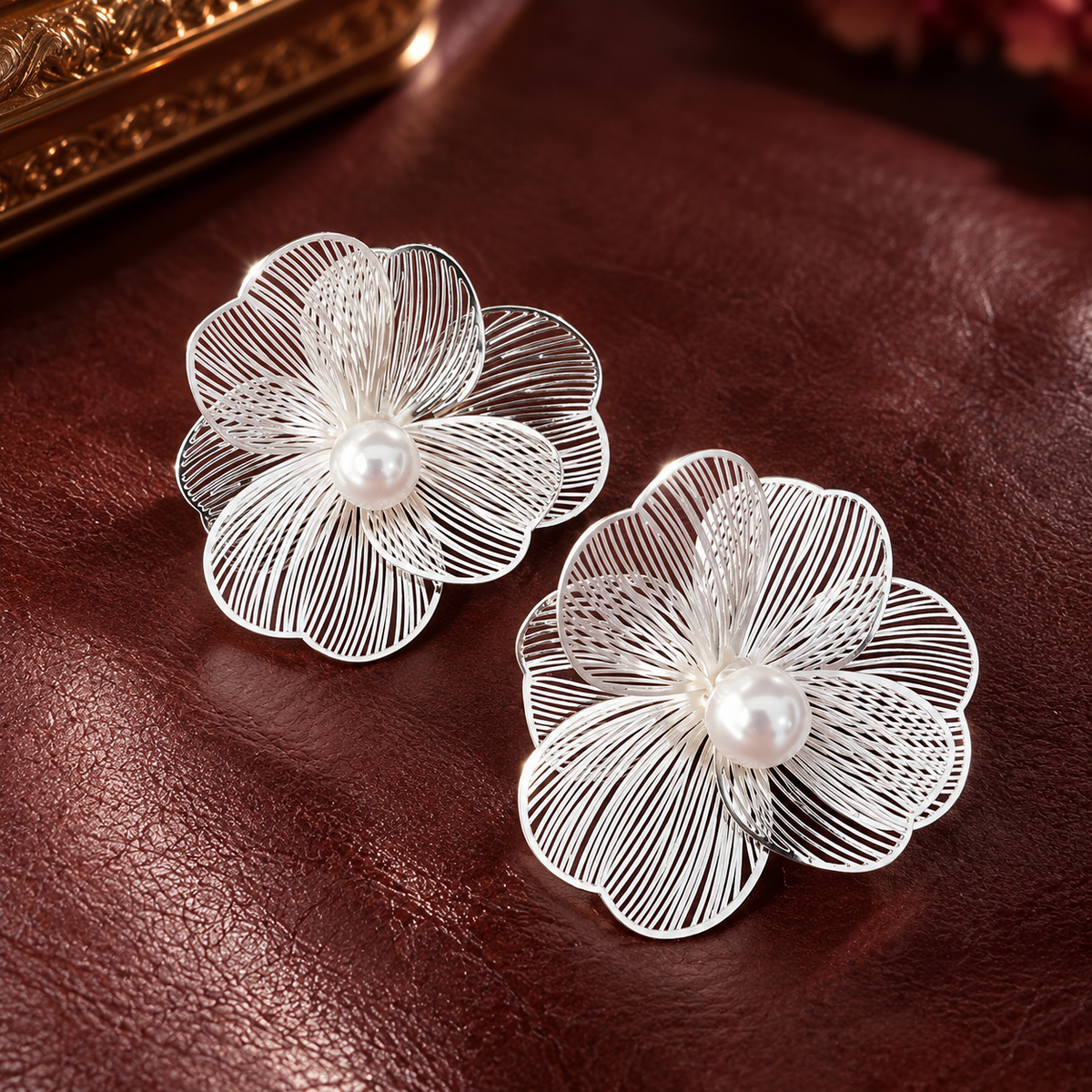 Vintage Camellia Pearl Tassel Stud Earrings