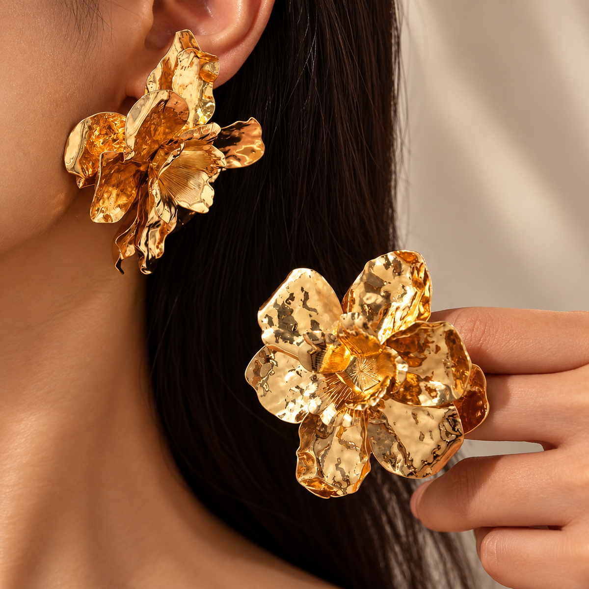 Golden Camellia Sculptural Flower Earrings