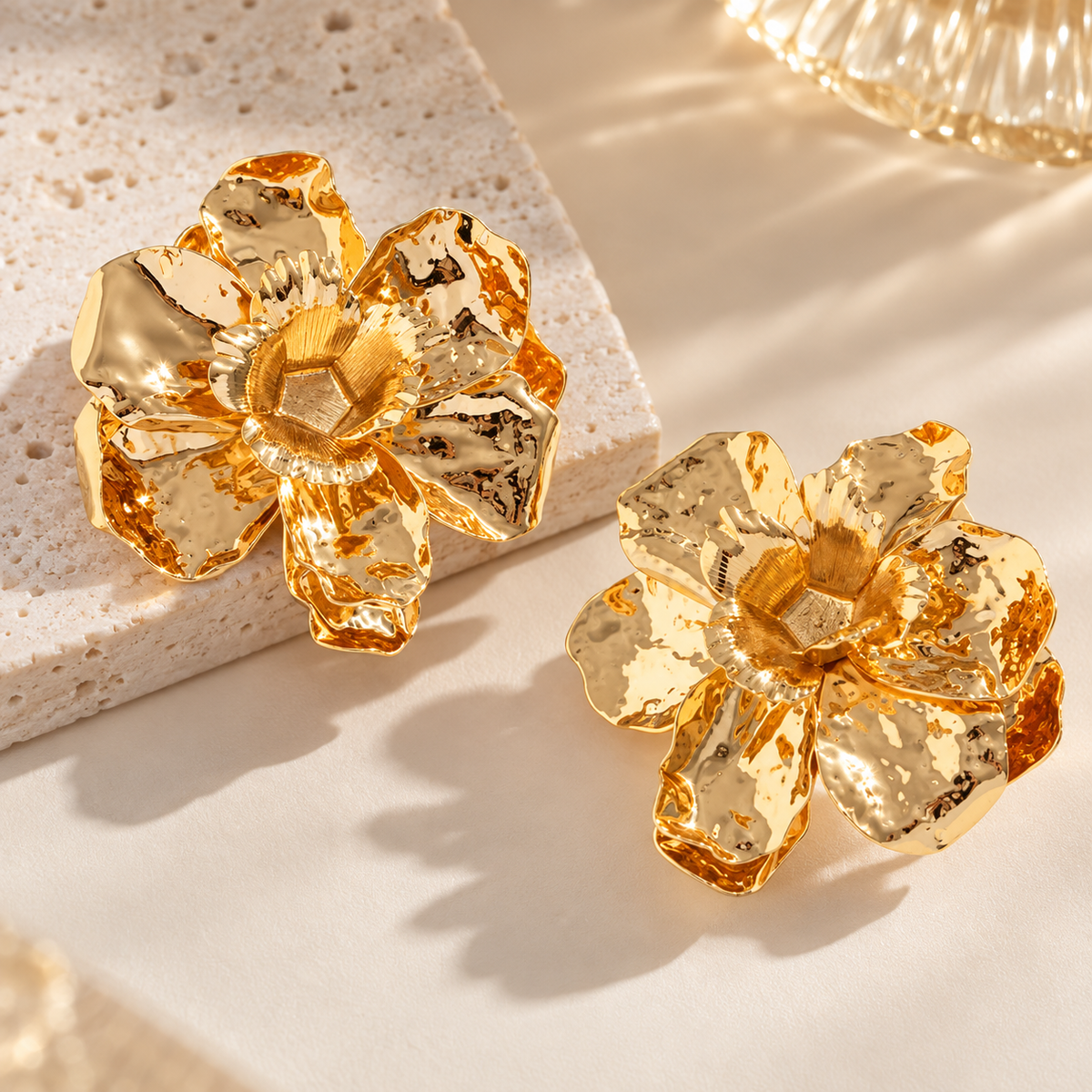 Golden Camellia Sculptural Flower Earrings