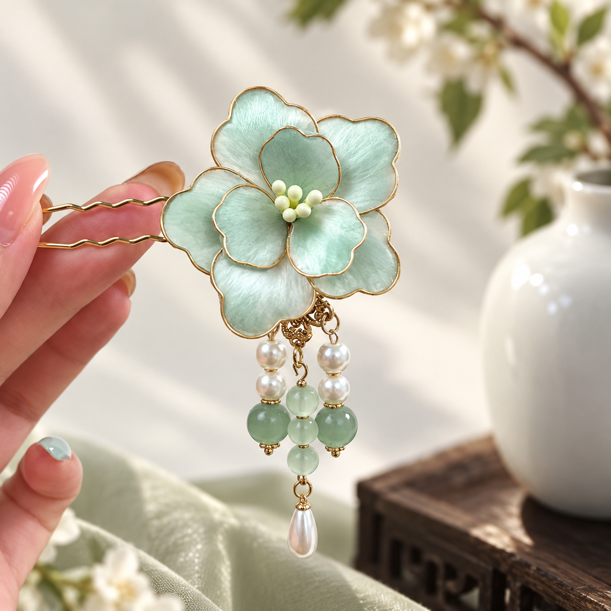 Jade Green Peony Silk-Thread Velvet Hairpin
