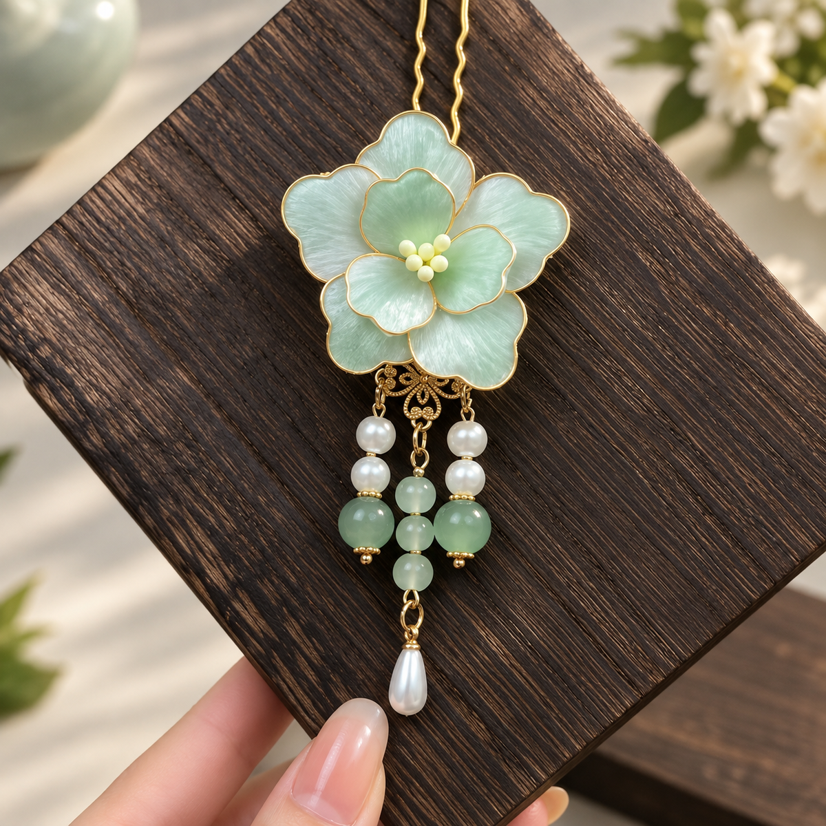 Jade Green Peony Silk-Thread Velvet Hairpin