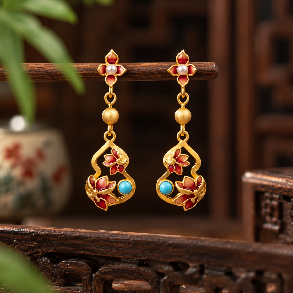 Plum Blossom Fortune Gourd Enamel Drop Earrings