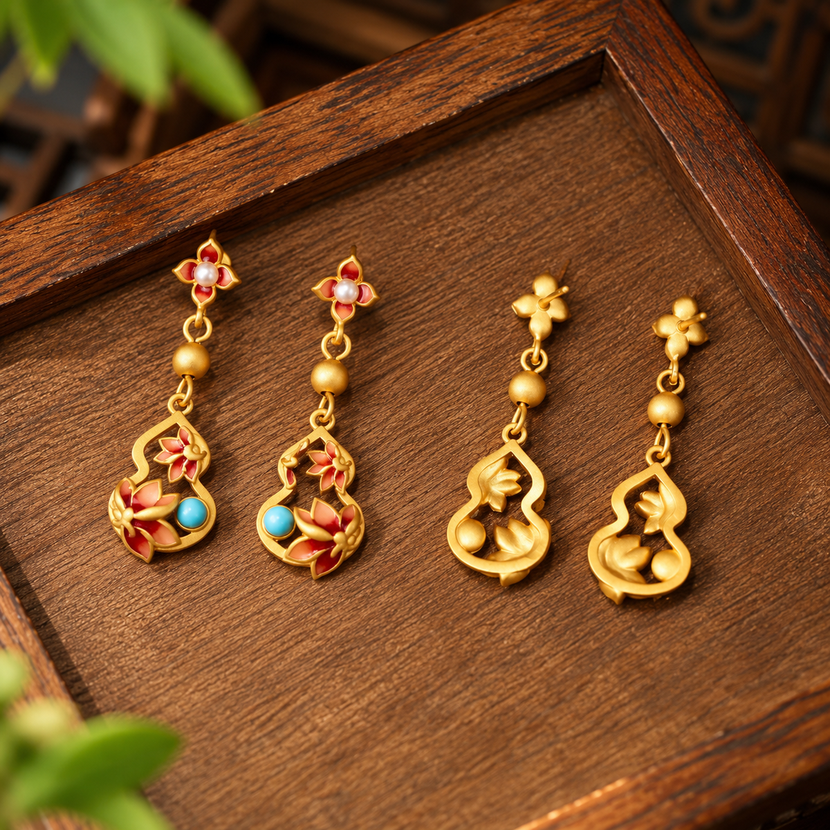 Plum Blossom Fortune Gourd Enamel Drop Earrings