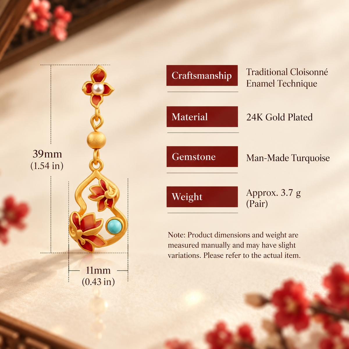 Plum Blossom Fortune Gourd Enamel Drop Earrings