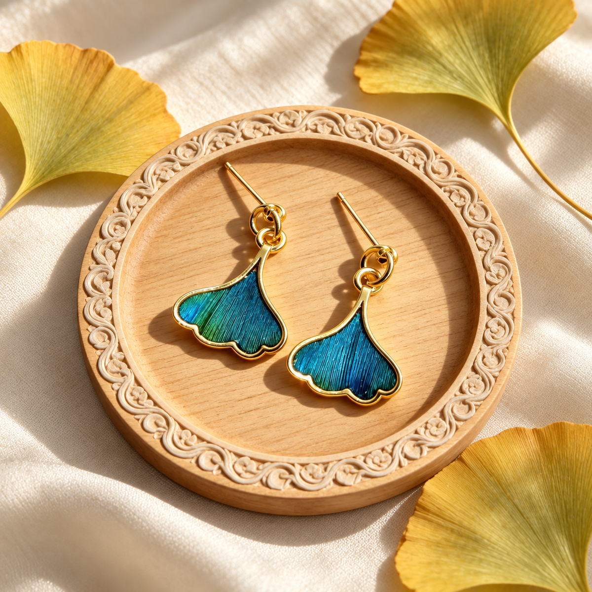 Peacock Feather Ginkgo Leaf Cloisonné Stud Earrings