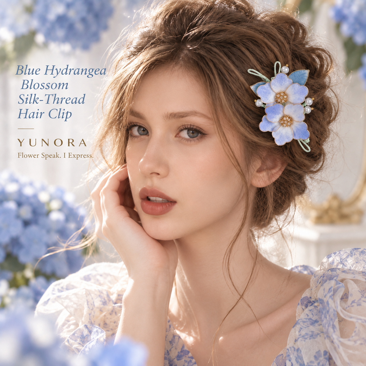 Blue Hydrangea Blossom Silk-Thread Hair Clip