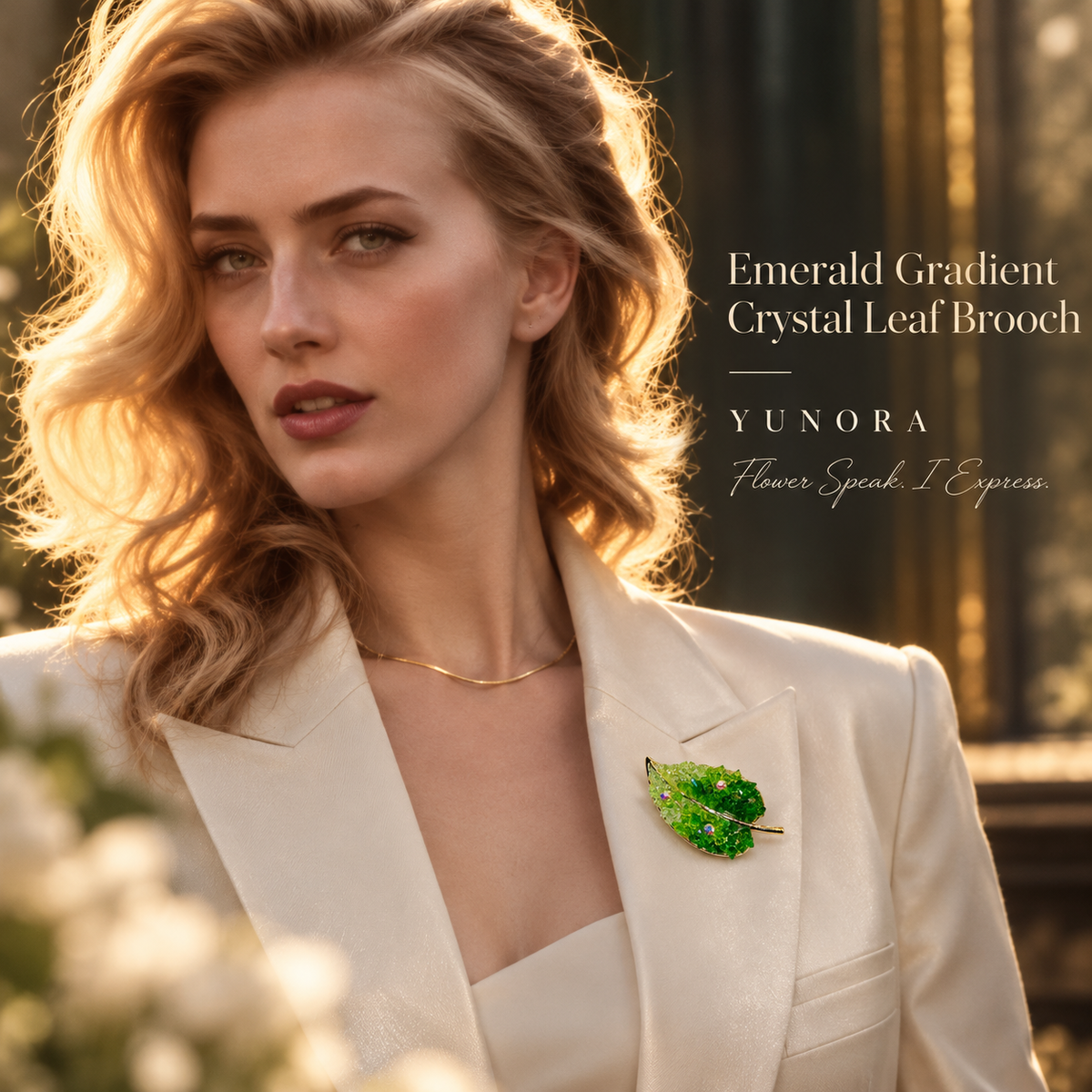 Emerald Gradient Crystal Leaf Brooch