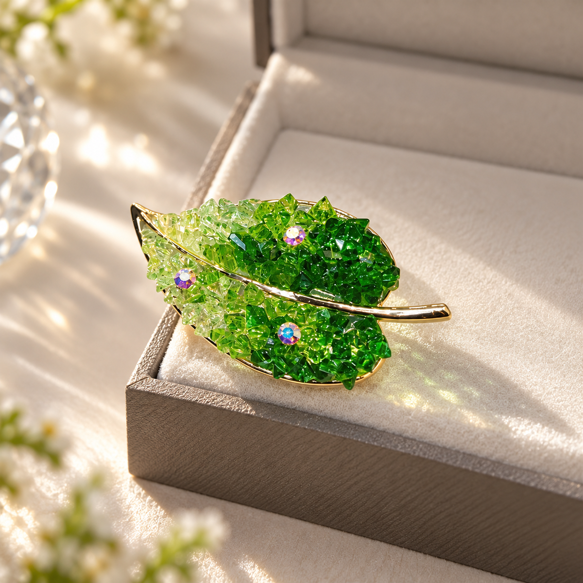 Emerald Gradient Crystal Leaf Brooch