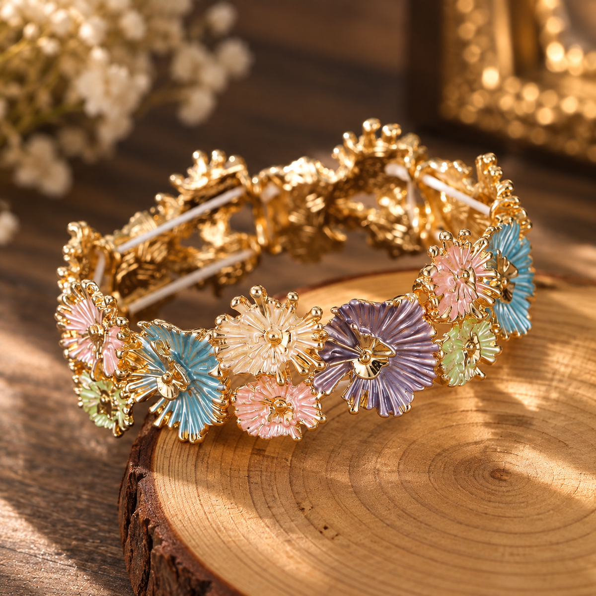 Iridescent Floral Enamel Cluster Stretch Bracelet