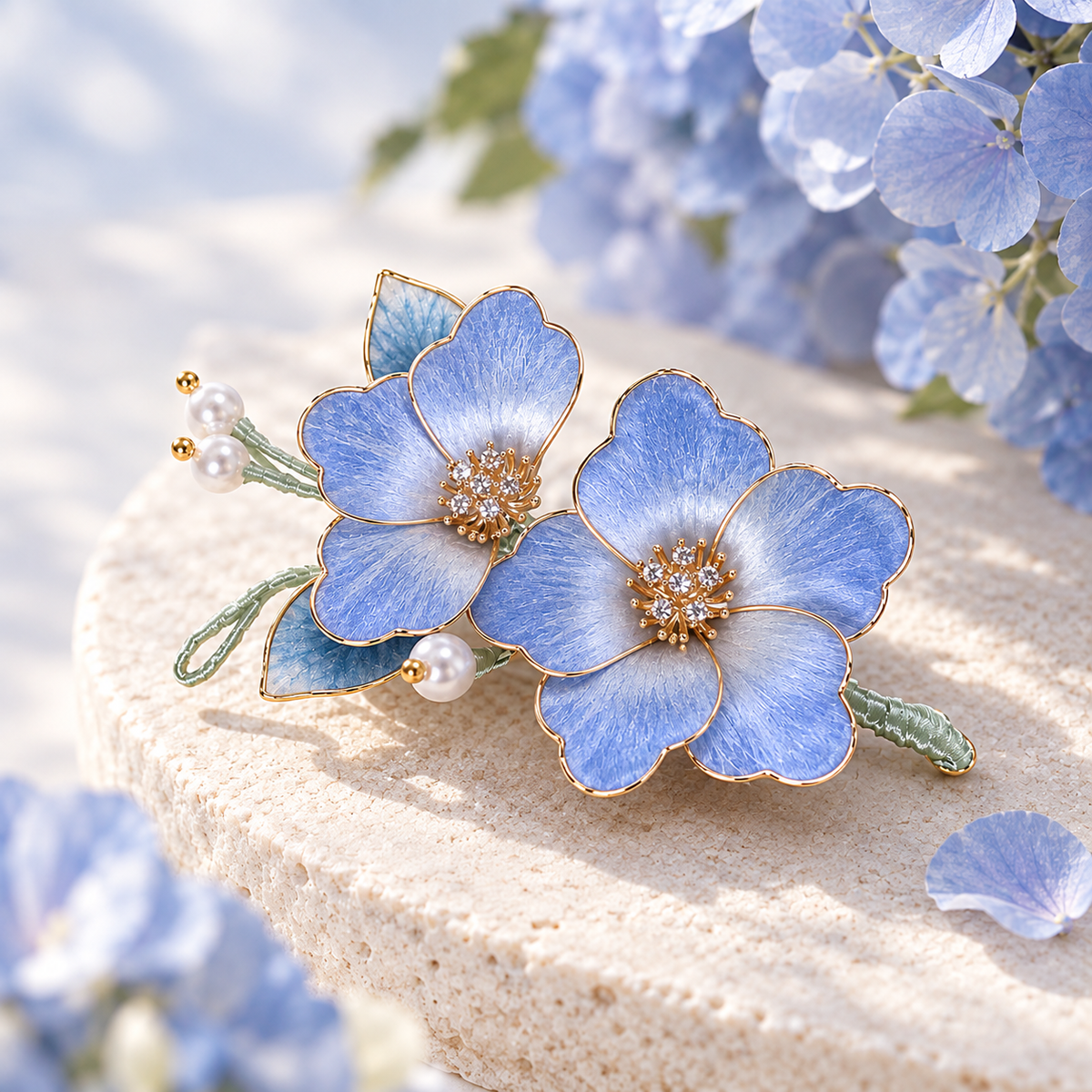 Blue Hydrangea Silk-Thread Velvet Flower Brooch