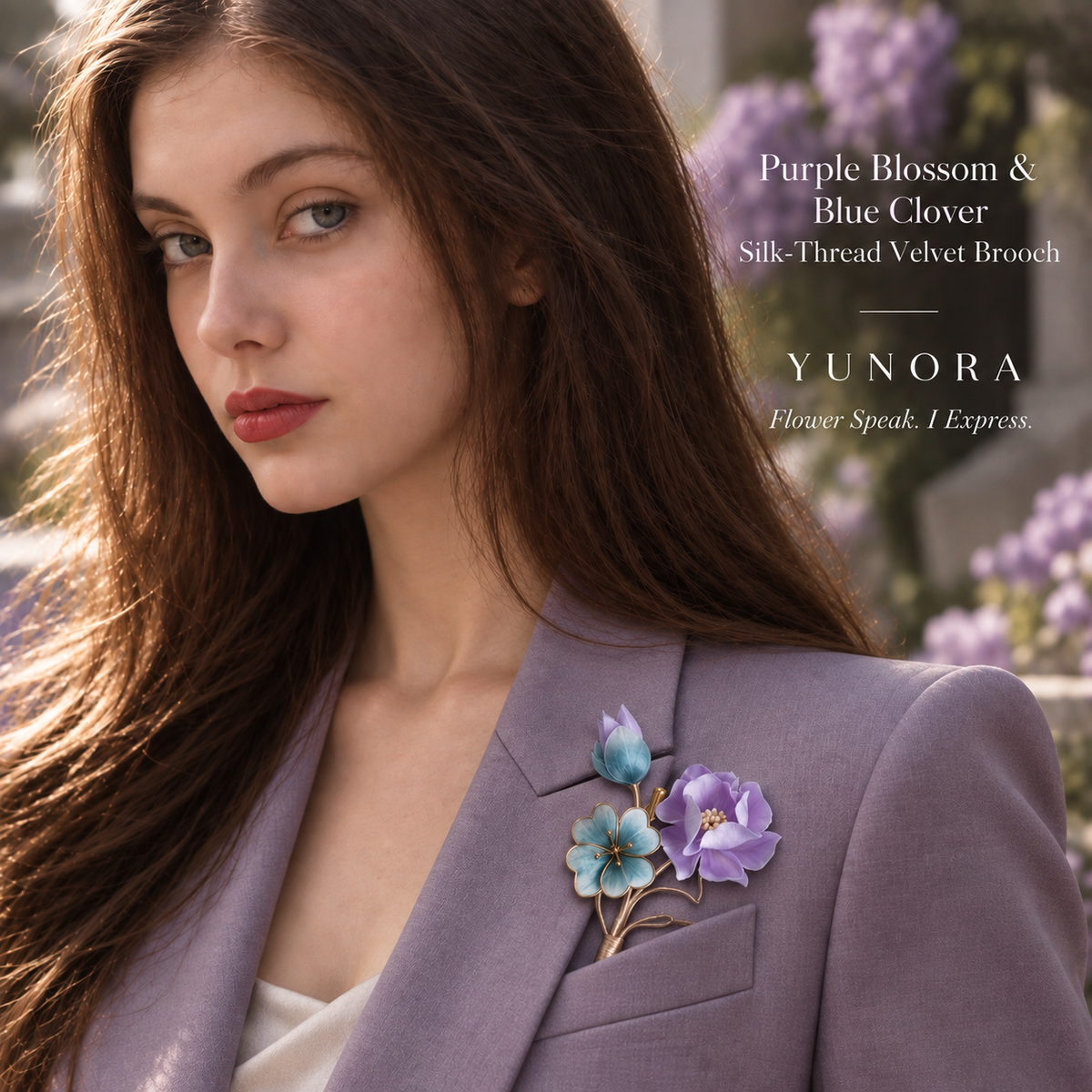 Purple Blossom & Blue Clover Silk-Thread Velvet Brooch