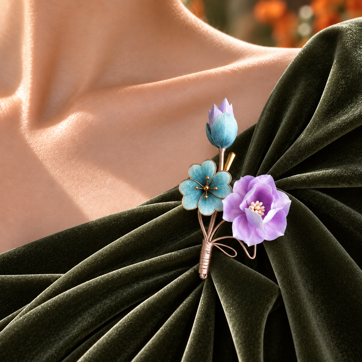 Purple Blossom & Blue Clover Silk-Thread Velvet Brooch