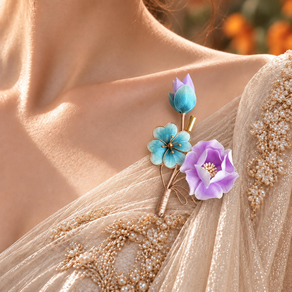 Purple Blossom & Blue Clover Silk-Thread Velvet Brooch