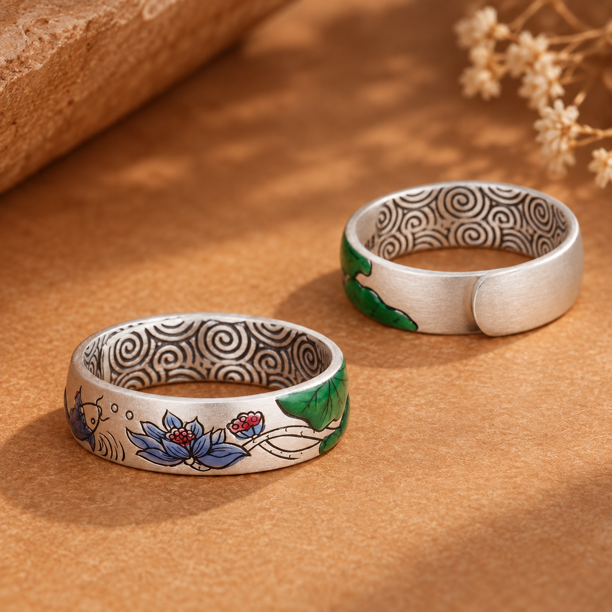 Lotus & Koi Enamel Handmade Silver Ring