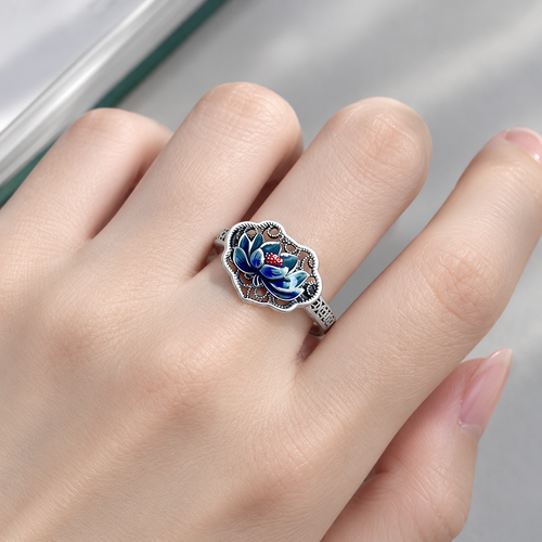 Blue Lotus Filigree Enamel Silver Ring