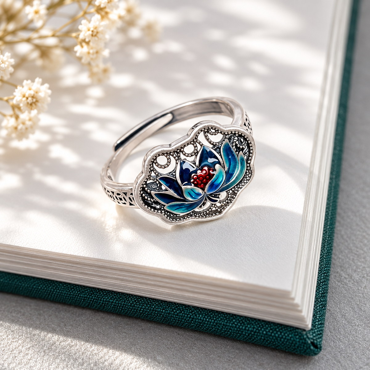 Blue Lotus Filigree Enamel Silver Ring