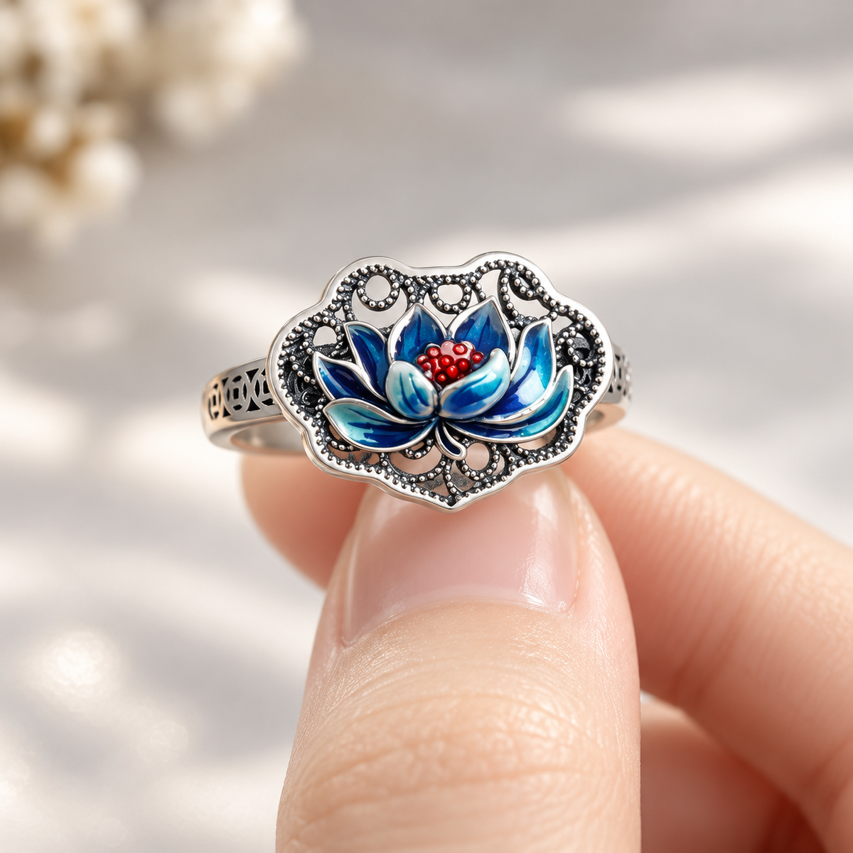 Blue Lotus Filigree Enamel Silver Ring