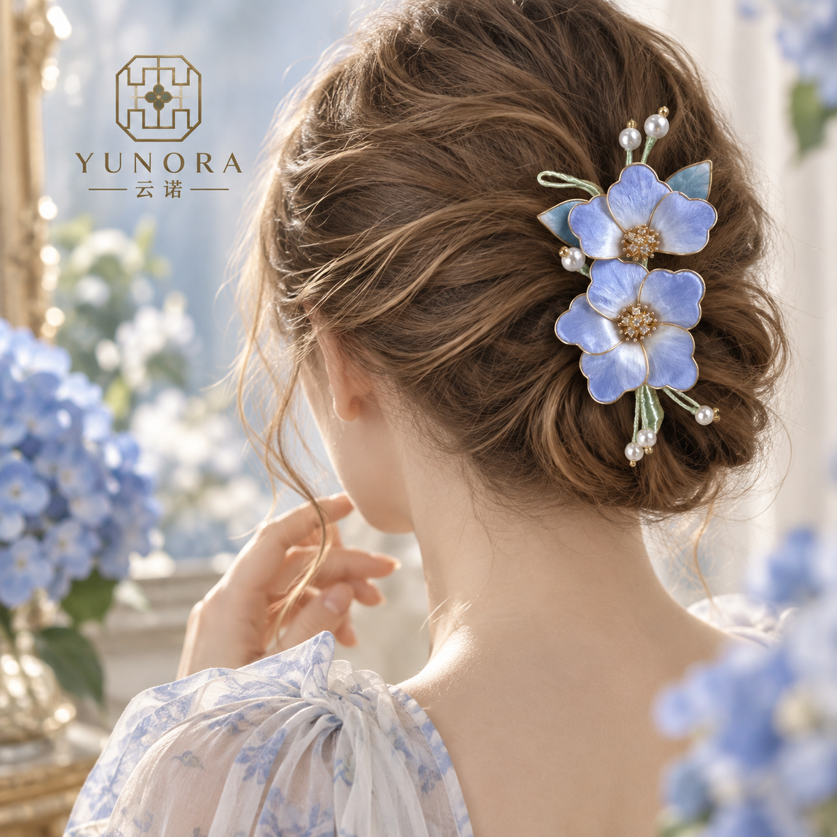 Blue Hydrangea Blossom Silk-Thread Hair Clip