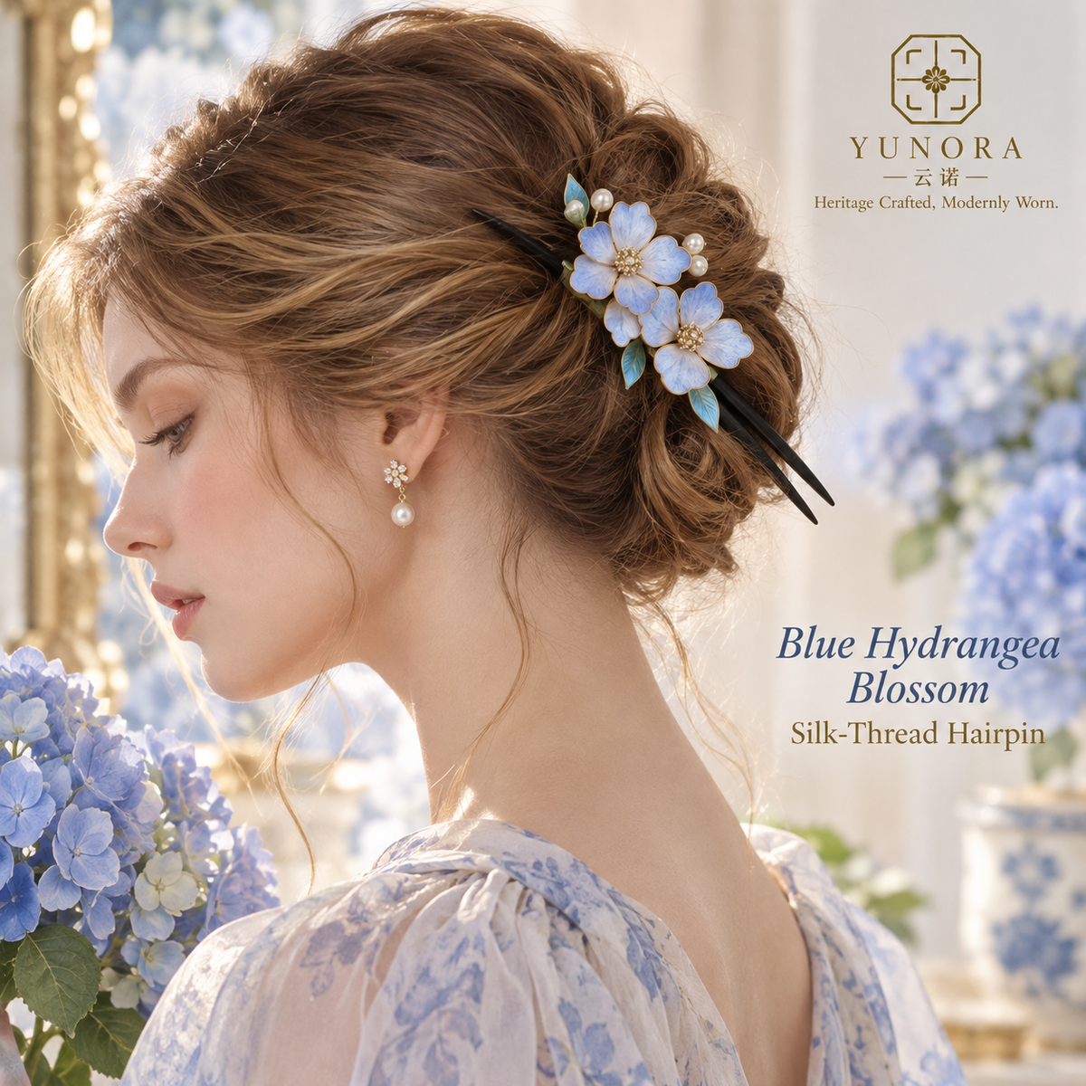 Blue Hydrangea Blossom Silk-Thread Hair Clip