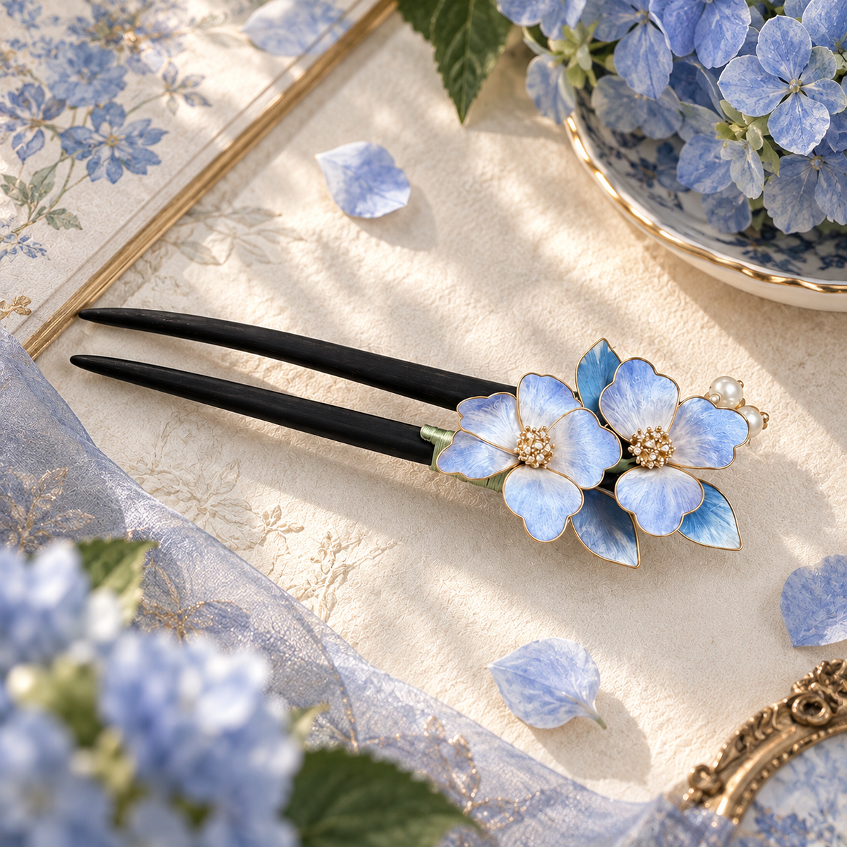 Blue Hydrangea Blossom Silk-Thread Hair Clip