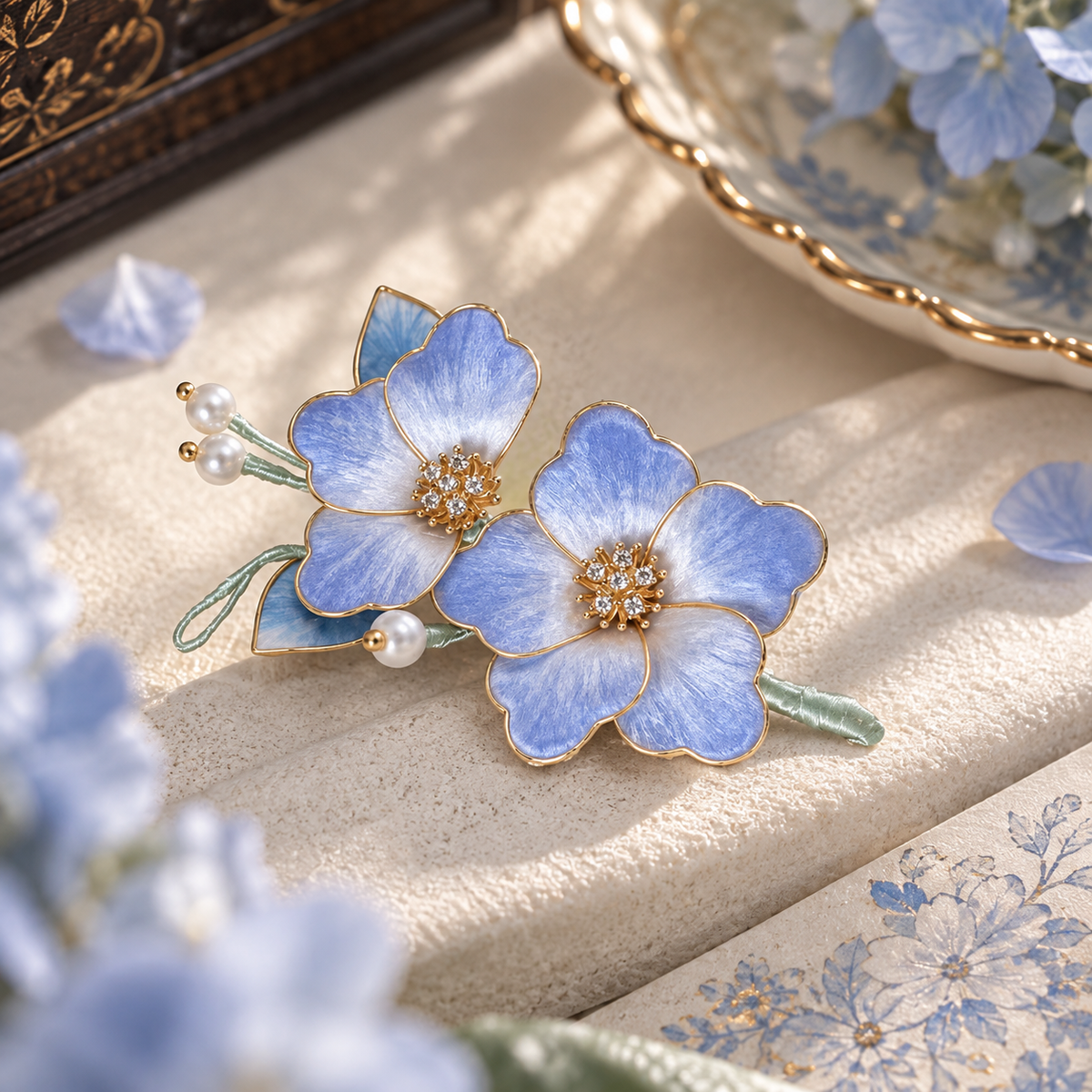 Blue Hydrangea Blossom Silk-Thread Hair Clip