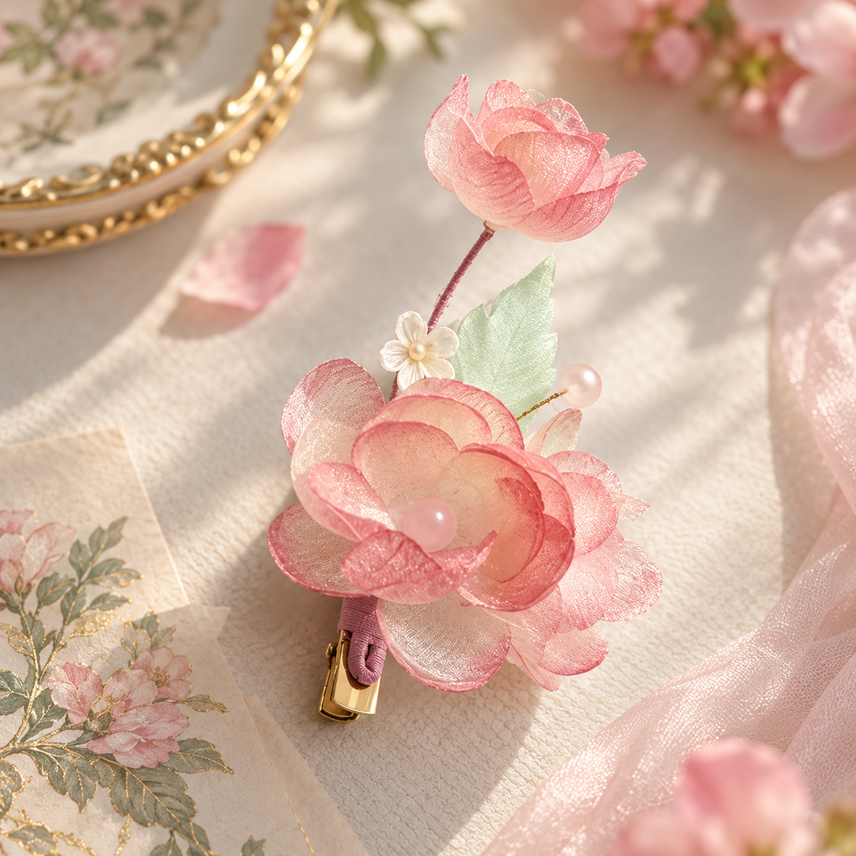 Peach Blossom Silk-Gauze Handmade Hair Clip